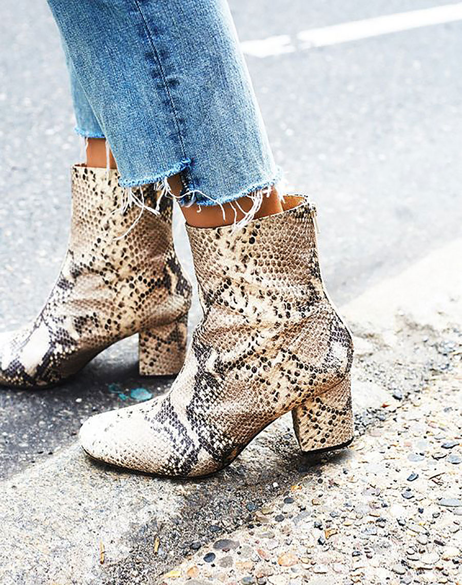 tan snake print booties