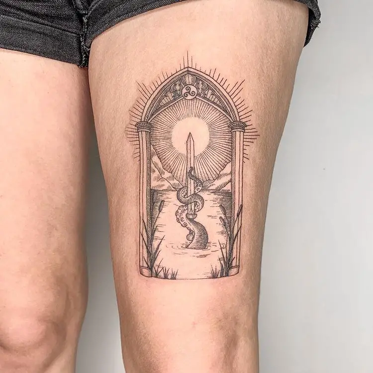 travel thigh tattoo